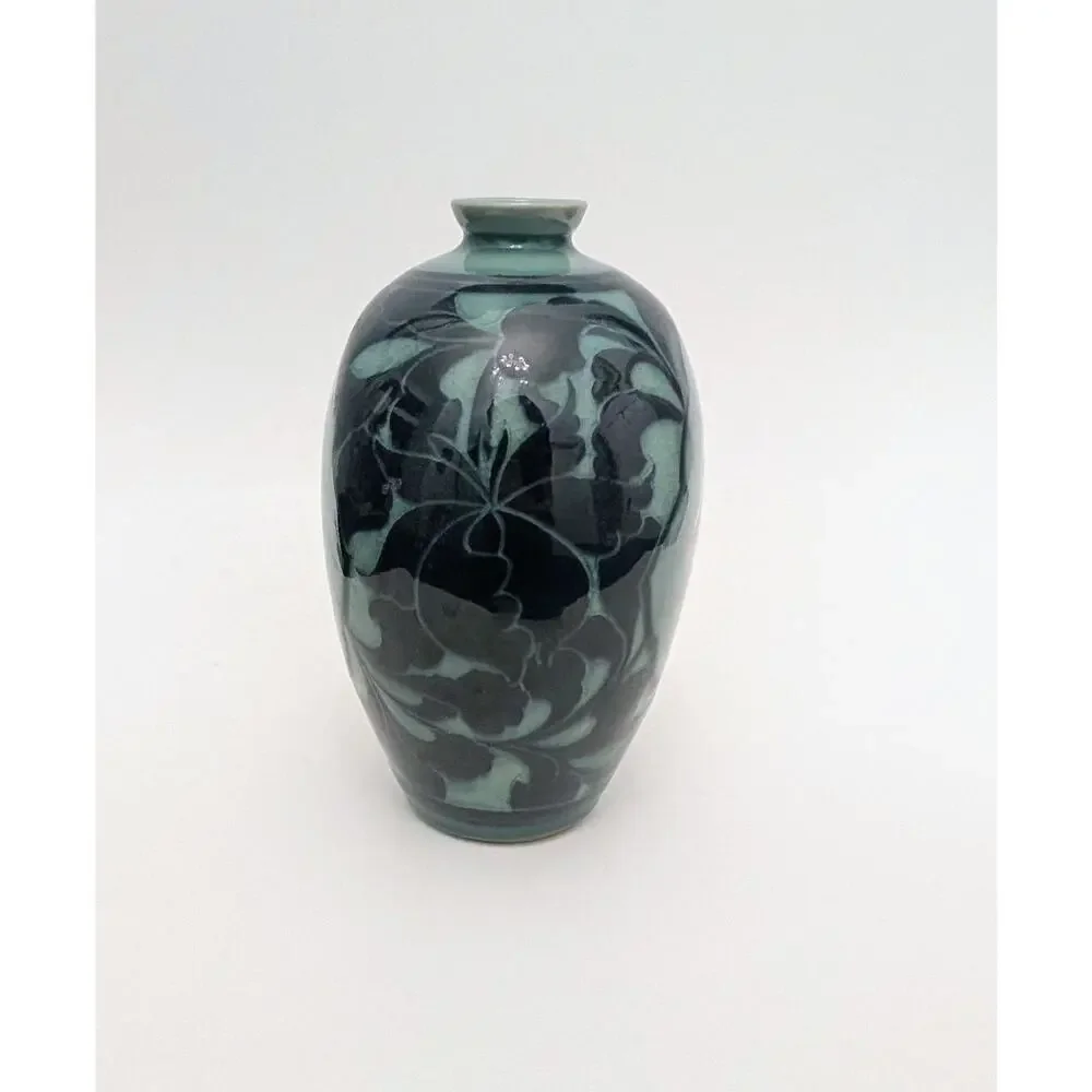 Celadon Green Japanese Cherry Plum Blossom Vase W Crazing Leaf Design 7.5